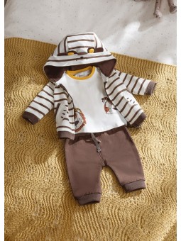 MAYORAL NEWBORN  KOMPLET DRES DLA CHŁOPCA BLUZA  Z KAPTUREM W PASKI BRĄZOWE SPODNIE KOSZULKA KREMOWA 2651