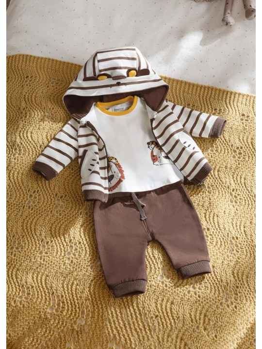 MAYORAL NEWBORN  KOMPLET DRES DLA CHŁOPCA BLUZA  Z KAPTUREM W PASKI BRĄZOWE SPODNIE KOSZULKA KREMOWA 2651