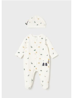 MAYORAL NEWBORN PAJAC ŚPIOCHY DLA CHŁOPCA KREMOWE W DINOZAURY CZAPKA  2717