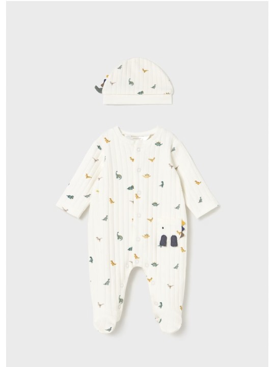 MAYORAL NEWBORN PAJAC ŚPIOCHY DLA CHŁOPCA KREMOWE W DINOZAURY CZAPKA  2717