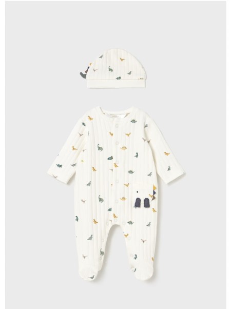 MAYORAL NEWBORN PAJAC ŚPIOCHY DLA CHŁOPCA KREMOWE W DINOZAURY CZAPKA  2717