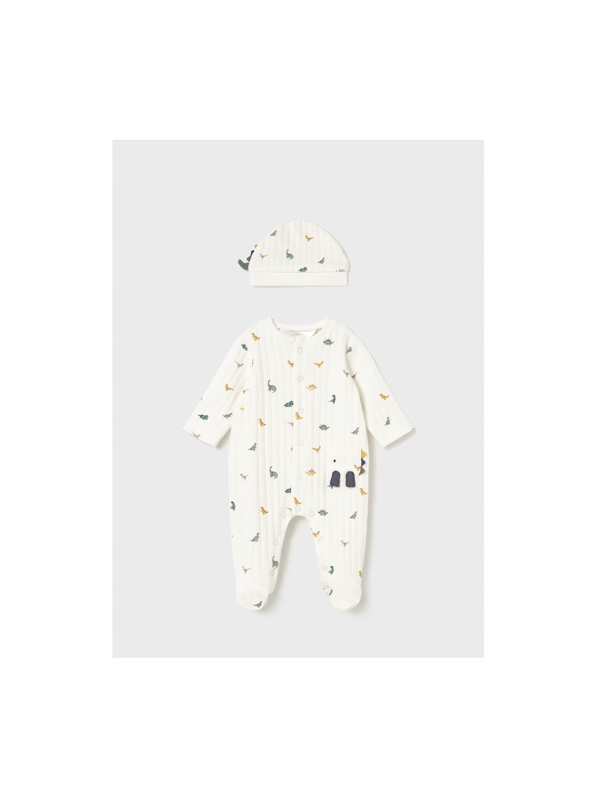 MAYORAL NEWBORN PAJAC ŚPIOCHY DLA CHŁOPCA KREMOWE W DINOZAURY CZAPKA  2717