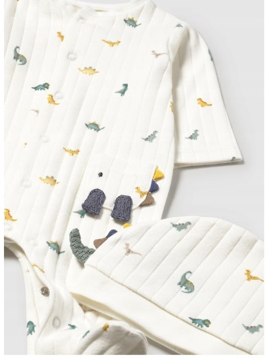 MAYORAL NEWBORN PAJAC ŚPIOCHY DLA CHŁOPCA KREMOWE W DINOZAURY CZAPKA  2717