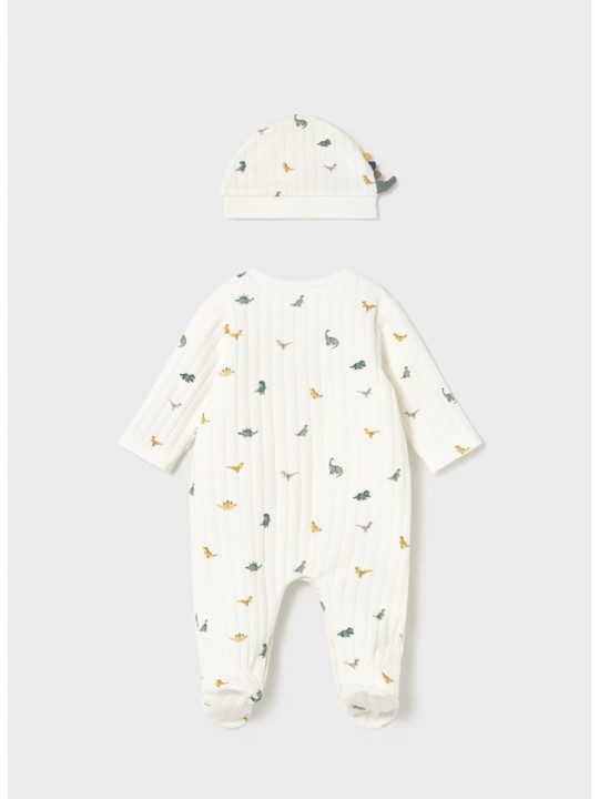 MAYORAL NEWBORN PAJAC ŚPIOCHY DLA CHŁOPCA KREMOWE W DINOZAURY CZAPKA  2717