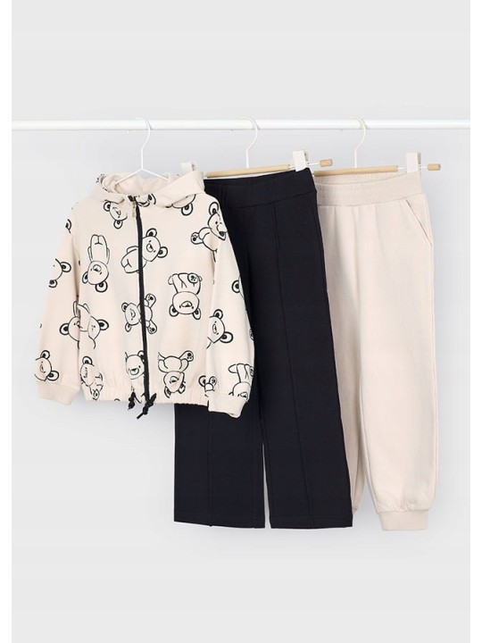 MAYORAL KOMPLET DRES DLA DZIEWCZYNKI BLUZA ROZPINANA W MISIE DWIE PARY SPODNI BEŻ CZARNY 4895/74