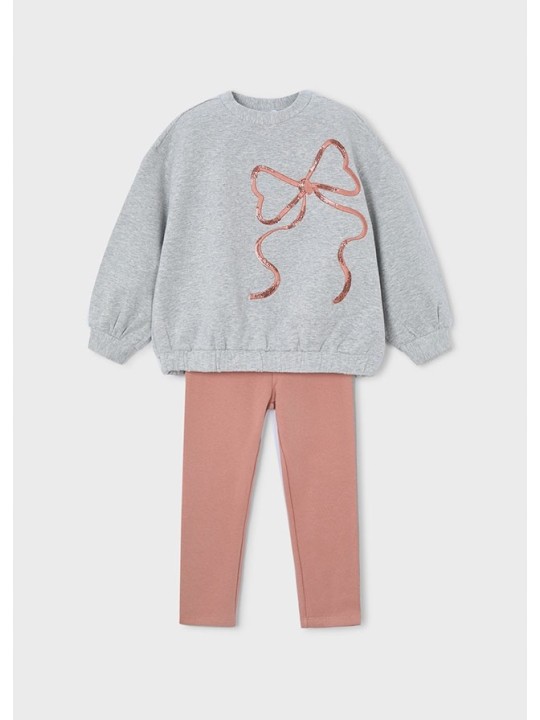 MAYORAL KOMPLET DLA DZIEWCZYNKI BLUZA NA DŁUGI RĘKAW SZARA Z KOKARDĄ CEKINY LEGINSY PUDROWY RÓŻ 4720/28