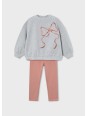 MAYORAL KOMPLET DLA DZIEWCZYNKI BLUZA NA DŁUGI RĘKAW SZARA Z KOKARDĄ CEKINY LEGINSY PUDROWY RÓŻ 4720/28