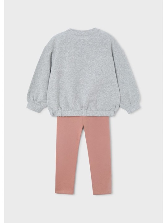 MAYORAL KOMPLET DLA DZIEWCZYNKI BLUZA NA DŁUGI RĘKAW SZARA Z KOKARDĄ CEKINY LEGINSY PUDROWY RÓŻ 4720/28