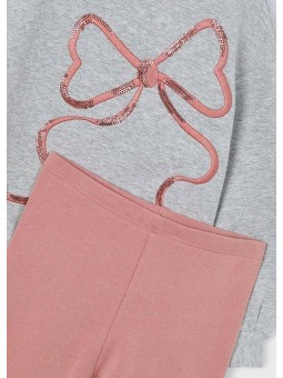 MAYORAL KOMPLET DLA DZIEWCZYNKI BLUZA NA DŁUGI RĘKAW SZARA Z KOKARDĄ CEKINY LEGINSY PUDROWY RÓŻ 4720/28