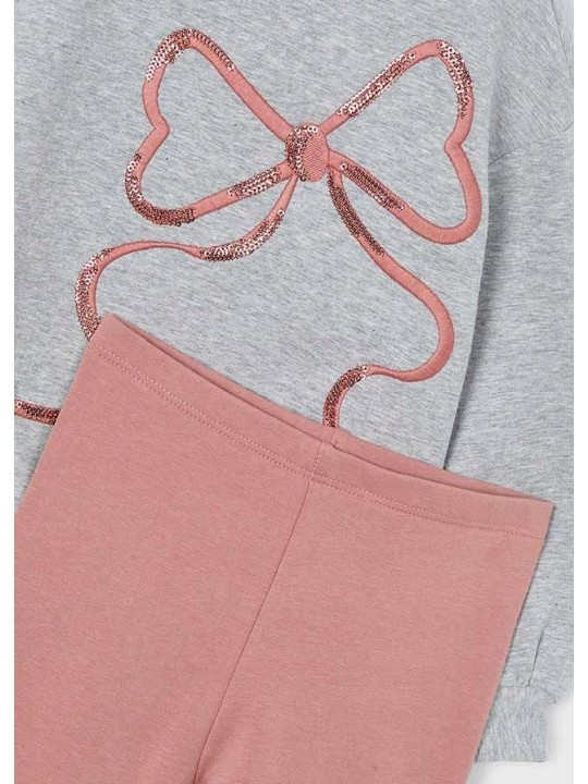 MAYORAL KOMPLET DLA DZIEWCZYNKI BLUZA NA DŁUGI RĘKAW SZARA Z KOKARDĄ CEKINY LEGINSY PUDROWY RÓŻ 4720/28
