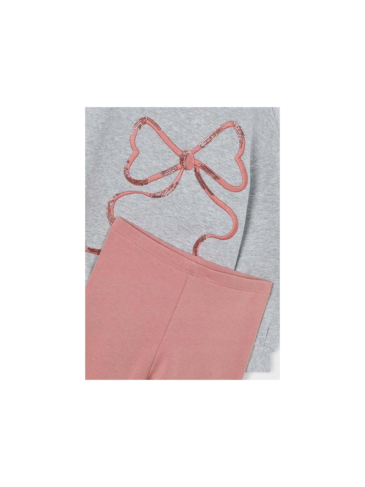 MAYORAL KOMPLET DLA DZIEWCZYNKI BLUZA NA DŁUGI RĘKAW SZARA Z KOKARDĄ CEKINY LEGINSY PUDROWY RÓŻ 4720/28