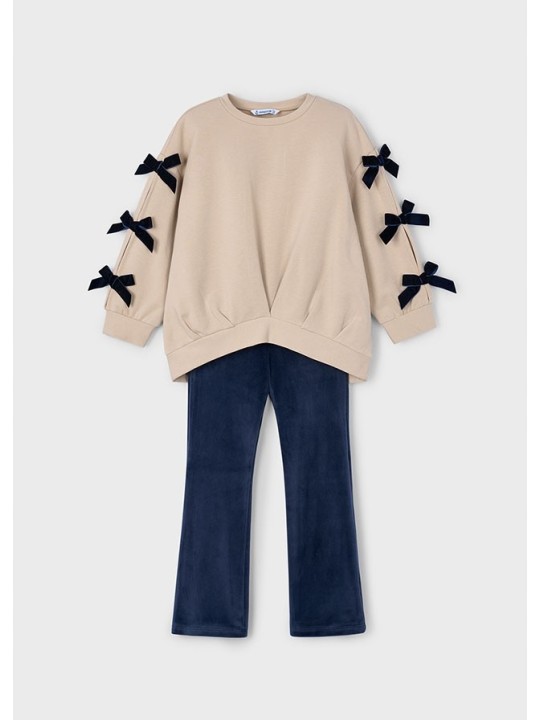 MAYORAL KOMPLET DLA DZIEWCZYNKI BLUZA NA DŁUGI RĘKAW BEŻ KOKARDKI LEGINSY WELUR GRANAT 4725/40