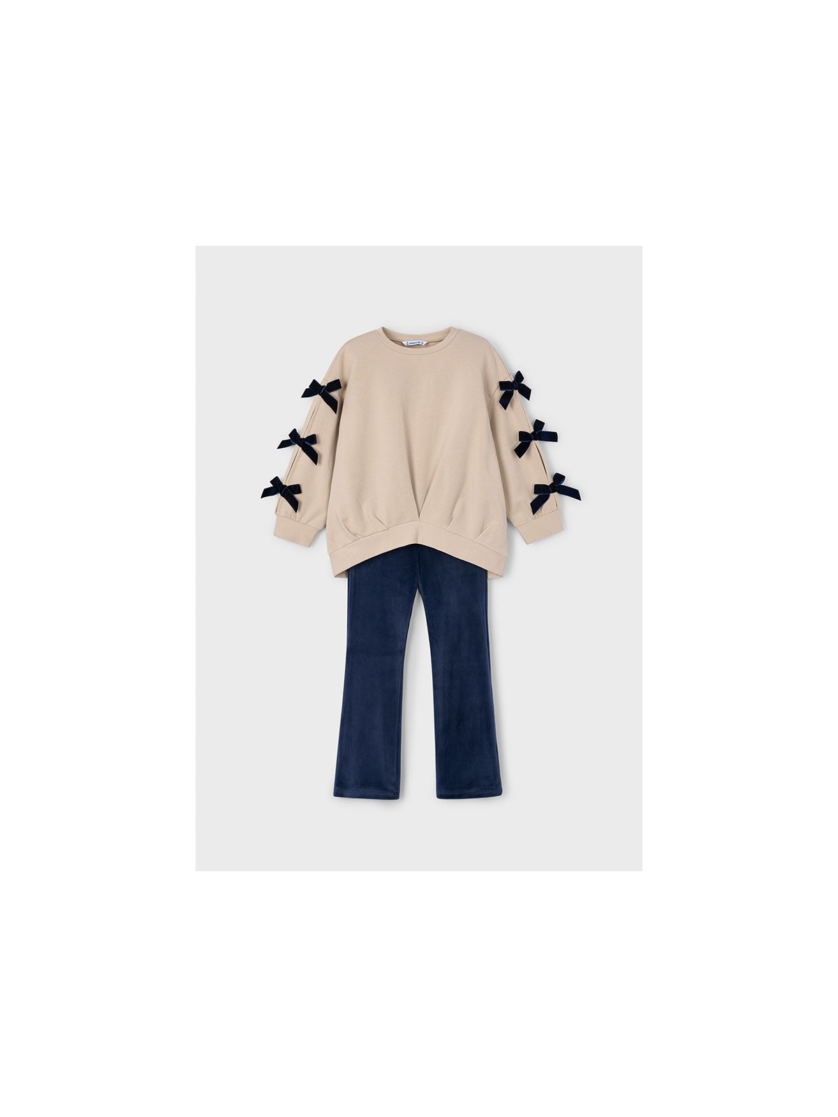 MAYORAL KOMPLET DLA DZIEWCZYNKI BLUZA NA DŁUGI RĘKAW BEŻ KOKARDKI LEGINSY WELUR GRANAT 4725/40