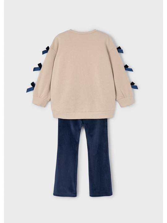MAYORAL KOMPLET DLA DZIEWCZYNKI BLUZA NA DŁUGI RĘKAW BEŻ KOKARDKI LEGINSY WELUR GRANAT 4725/40
