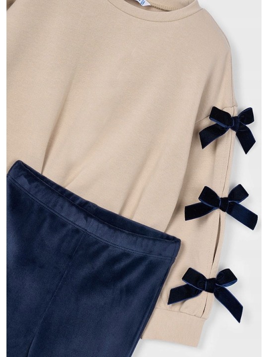 MAYORAL KOMPLET DLA DZIEWCZYNKI BLUZA NA DŁUGI RĘKAW BEŻ KOKARDKI LEGINSY WELUR GRANAT 4725/40