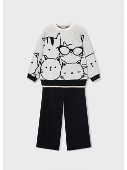 MAYORAL KOMPLET DRES DZIANINA BLUZA SWETER KREM SZEROKIE SPODNIE CZARNE  4583/92