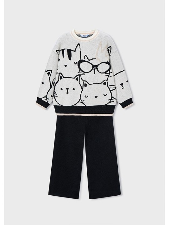 MAYORAL KOMPLET DRES DZIANINA BLUZA SWETER KREM SZEROKIE SPODNIE CZARNE  4583/92