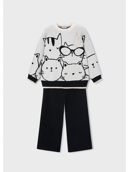 MAYORAL KOMPLET DRES DZIANINA BLUZA SWETER KREM SZEROKIE SPODNIE CZARNE  4583/92