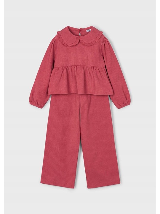 MAYORAL KOMPLET DLA DZIEWCZYNKI KOSZULKA BLUZKA  Z FALABNKĄ SPODNIE SZEROKIE BORDO 4581/82