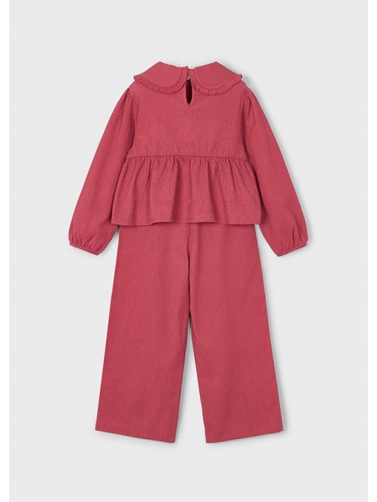 MAYORAL KOMPLET DLA DZIEWCZYNKI KOSZULKA BLUZKA  Z FALABNKĄ SPODNIE SZEROKIE BORDO 4581/82