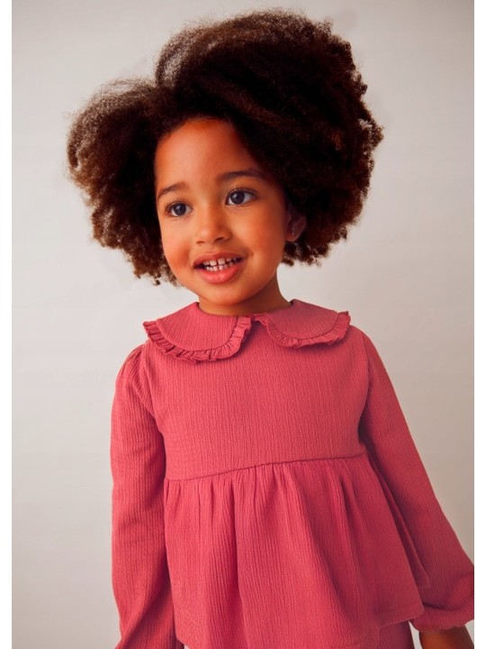 MAYORAL KOMPLET DLA DZIEWCZYNKI KOSZULKA BLUZKA  Z FALABNKĄ SPODNIE SZEROKIE BORDO 4581/82