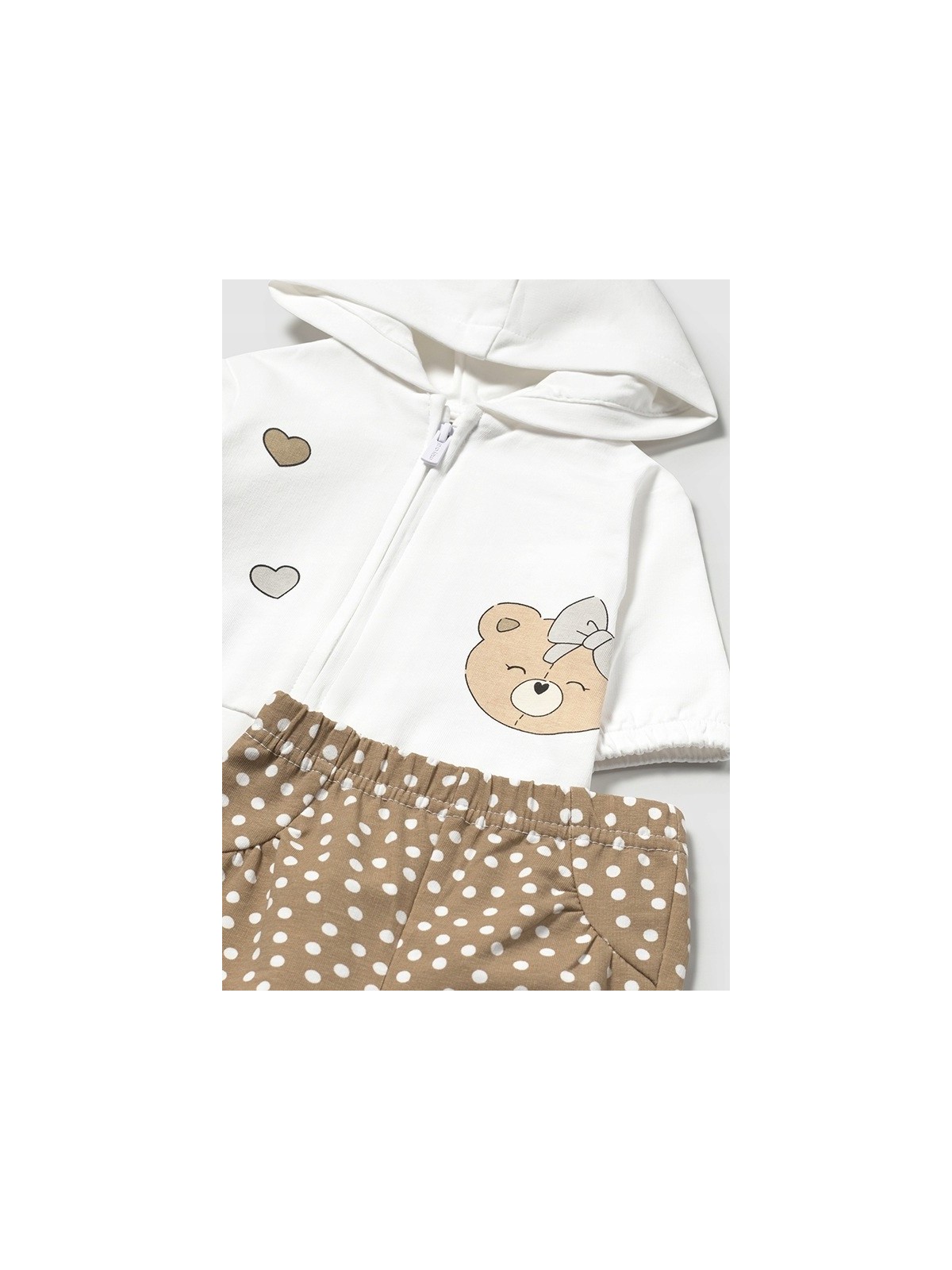 MAYORAL NEWBORN KOMPLET BLUZA Z KAPTUREM ROZPINANA BLUZKA NA KRÓTKI RĘKAW LEGINSY W GROSZKI 1878/55