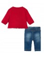 MAYORAL NEWBORN KOMPLET BLUZA CZERWONA SPODNIE JEANS 2507/80