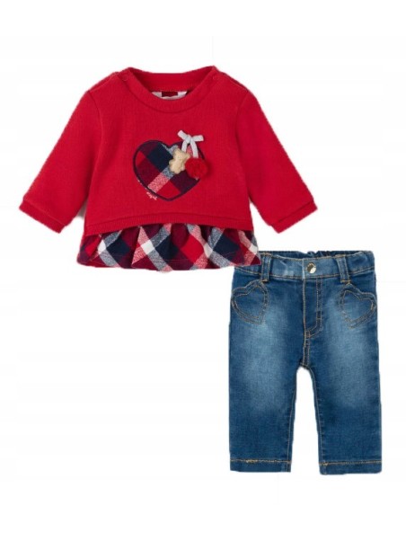 MAYORAL NEWBORN KOMPLET BLUZA CZERWONA SPODNIE JEANS 2507/80