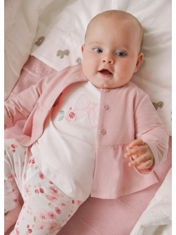 MAYORAL NEWBORN KOMPLET DRES BOLERKO ROZPINANE KOSZULKA NA KRÓTKI RĘKAW LEGINSY W KWIATKI 1761/82