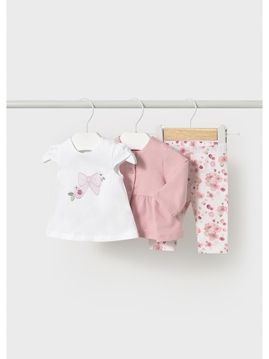MAYORAL NEWBORN KOMPLET DRES BOLERKO ROZPINANE KOSZULKA NA KRÓTKI RĘKAW LEGINSY W KWIATKI 1761/82