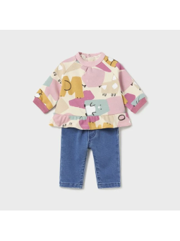 MAYORAL KOMPLET DZIEWCZĘCY WZORZYSTA BLUZA Z FALBANKĄ I KLASYCZNE  JEANS 2598/36