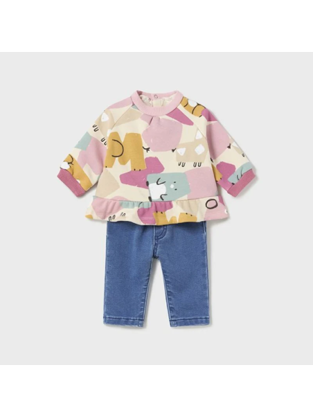 MAYORAL KOMPLET DZIEWCZĘCY WZORZYSTA BLUZA Z FALBANKĄ I KLASYCZNE  JEANS 2598/36