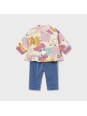MAYORAL KOMPLET DZIEWCZĘCY WZORZYSTA BLUZA Z FALBANKĄ I KLASYCZNE  JEANS 2598/36