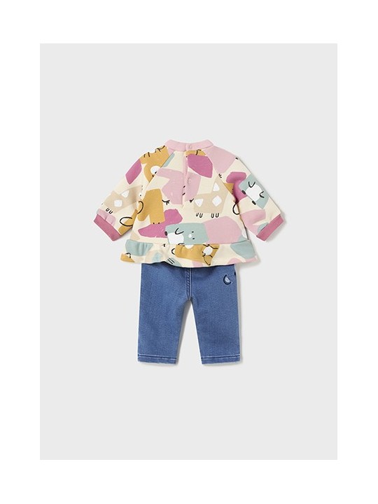 MAYORAL KOMPLET DZIEWCZĘCY WZORZYSTA BLUZA Z FALBANKĄ I KLASYCZNE  JEANS 2598/36