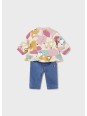 MAYORAL KOMPLET DZIEWCZĘCY WZORZYSTA BLUZA Z FALBANKĄ I KLASYCZNE  JEANS 2598/36